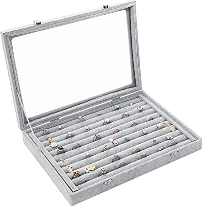 Yewclls Porta Anelli Espositore Gemelli Chiusura a Chiave - Scatole Porta Anelli - Cofanetto Portagioie Grigio con Coperchio in Vetro 35x 24x 4.5cm