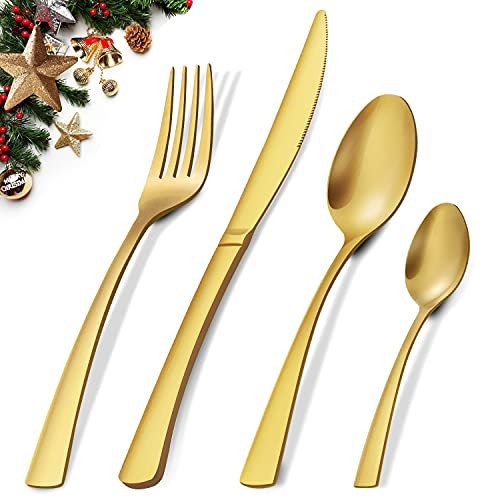 Cutlery Set, BEWOS 16-Piece Matt Gold Stainless Steel Flatware Set, Tableware Silverware Set with Spoon Knife and Fork Set, Service for 4, Dishwasher Safe/Easy Clean