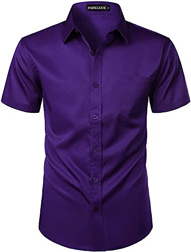 PARKLEES Mens Casual Urban Stylish Slim Fit Short Sleeve Button Up Dress Shirt with Pocket Purple L