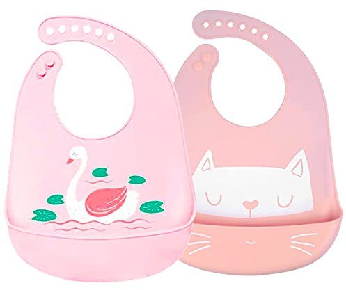 SLOSH Bavaglino Silicone Impermeabile con Tasca Lavabile Bavaglino Raccoglipappa de 6 Meses a 6 Años Bavaglini Pappa Bambini (Rosa)