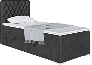 MEBLINI Boxspringbett mit Bettkasten - Gepolstert Einzelbett mit Matratze und Topper - Polsterbett mit Stauraum - Bett mit Kopfteil - Stauraumbett - Dalia - 90x200 Rechts - H3/Schwarz Samt