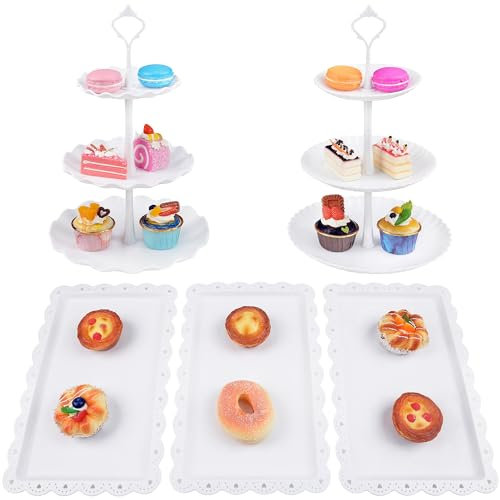 AWCIGG Set de Soporte para Tartas, 2 x Soporte Tartas de 3 Pisos y 3 x Bandeja Rectangular Grande, Soporte Cupcakes Bandeja, Mesa Dulce Accesorios para Boda Cumpleaños Fiesta de Navidad, Blanco