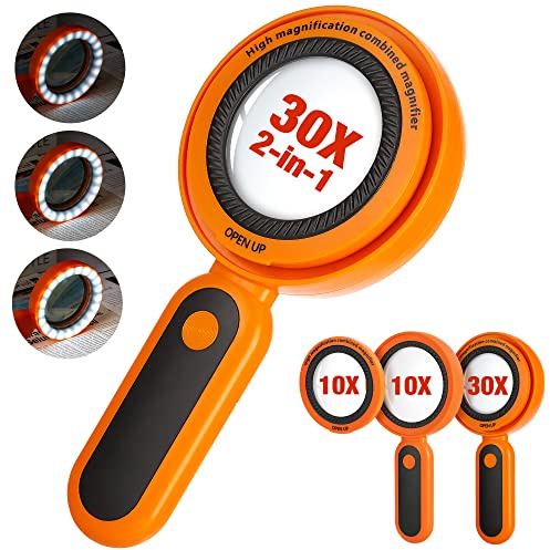 MOJINO Lupe mit Licht, Beleuchtete 30X 10X Vergrößerung mit 21 Led Licht, Kleine 10Fach 30Fach Leselupe für Senioren groß, Inspektion, Münzen, Briefmarken, Bücher (Orange)