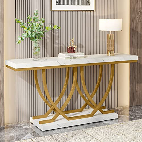Tribesigns Konsolentisch, 150cm Beistelltisch Flurtisch mit goldenen Metallbeinen, Faux Marmor Weiß Konsolentisch Schmal für Wohnzimmer Eingang Flur, weiß und Gold
