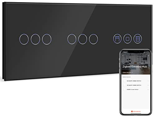 BSEED Smart ZigBee Lichtschalter mit Rolladenschalter, Doppel 3 Fach ZigBee Schalter mit Zigbee Rolladensteuerung arbeitet mit Smart Life/Tuya, Alexa und Google Home Schwarz (Hub erforderlich)