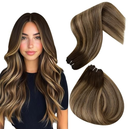 Hetto Tressen Extensions Echthaar 100g 45 cm Weft Extensions Echthaar Balayage Dunkel Braun to Licht Blond Sew in Remy Gerade Invisible Doppelt-Tressen Weave Haarverlängerung #4/27/4