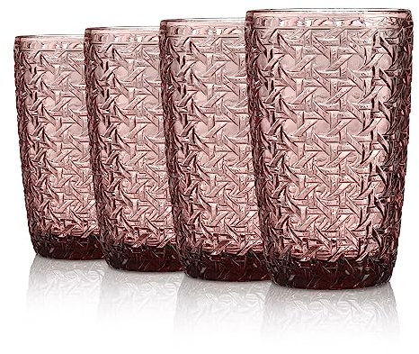 Joeyan 380ml Rosa Wassergläser mit Geprägtem Design,Vintage Trinkgläser Longdrinkgläser,Bunt Wassergläser mit Geometrisches Textur,4er Set,Spülmaschinenfest
