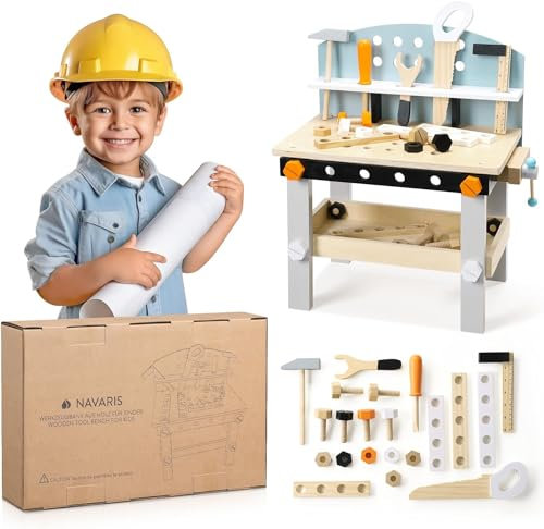 Navaris Kit Mesa de Herramientas - Banco de Madera Infantil Montessori de Juguete para Niños de +3 Años - con Sierra Martillo Destornillador y Herramientas