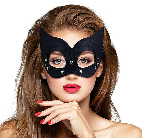 Goenb Catwoman Maske, Catwoman Maske Damen Cat Women Mask Katzenmaske Damen Kostüm Halloween Leder Mask für Halloween Karneval Fasching Maskerade Valentinstag (Schwarz)