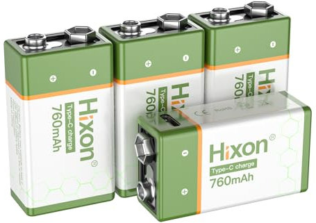 Hixon USB Rechargeable 9V Batteries,6840mWh 9v rechargeable battery with 4 in 1 USB Charging Cable,6F22 9v battery for smoke alarm, Metal Detectors,Toys (Pack of 4)