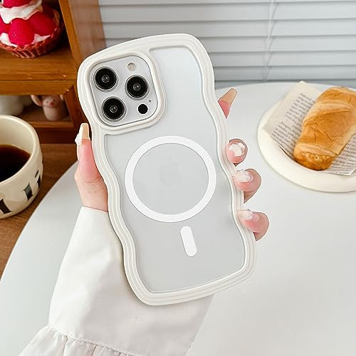 XIZYO Magnetic Clear Case for iPhone 13 Pro Max Compatible with MagSafe, Cute Transparent Curly Wave Frame Aesthetic Design Soft TPU Case, for Women Girls Slim Shockproof Bumper Phone Case, White