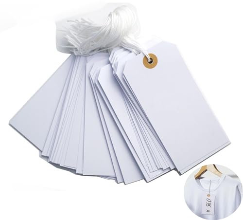 Lot de 100 étiquettes vierges blanches avec cordon élastique, grandes étiquettes à suspendre avec trou renforcé pour inscription, étiquettes de prix, étiquettes d'inventaire, étiquettes cadeaux pour