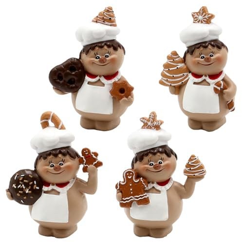 Dekohelden24 Keramik Weihnachtsbäcker mit Lebkuchen in weiß/braun als 4er Set, Maße je Figur L/B/H 7,5 x 5 x 10 cm