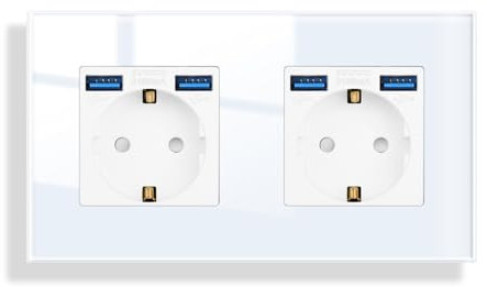 JIMEIDA Doppelsteckdose Glas mit USB in Weiß Unterputz,2 Fach 16Amp Steckdosen mit 2 USB A max.2.1A,157 * 86mm,250V