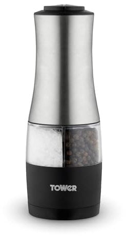 Tower T832248 Dual Electric Salt & Pepper Mill, Battery Operated with Adjustable Ceramic Grinders, Stainless Steel, Black