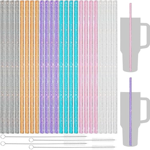 NiHome Pajitas de 40 onzas, paquete de 24 pajitas de repuesto de plástico con purpurina para vaso Stanley de 40 onzas, pajita reutilizable de colores surtidos de 12 pulgadas con 4 cepillos, PETG