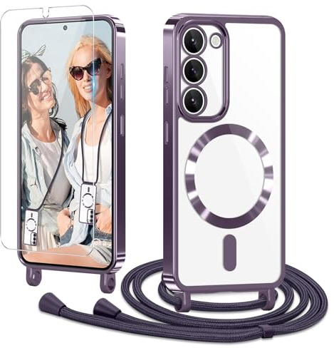 Ethanger Coque pour Samsung Galaxy S23 avec Cordon + 1×Verre Trempé, Violet | Coque Transparente TPU Bumper Silicone Etui Housse avec Cordon de Collier Réglable, Cover Magnétique