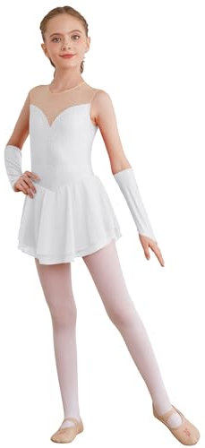 FEESHOW Mädchen Eiskunstlauf Kleider Ärmellos Glänzende Strass Ballett Tanzkleid Handschuhe Set Kinder Eislaufen Ballerina Kleid Tanzkleidung Weiß_A 158-164