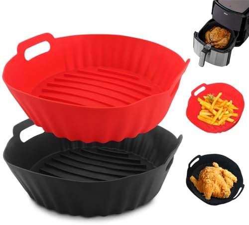 Miruchertter 2 pentole in silicone per friggitrice ad aria, antiaderenti, rotonde, in silicone, per friggitrice ad aria da 3 a 5 qt, per uso alimentare e riutilizzabili (nero + rosso)