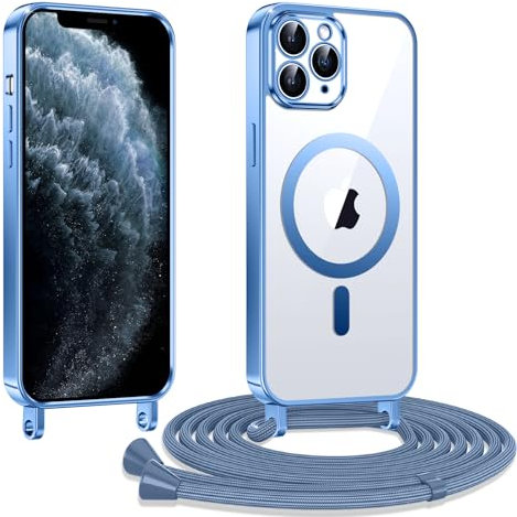 Kokio Handykette Hülle für iPhone 11 pro max mit Band, Magnetische Transparent Handyhülle Kompatibel mit MagSafe, Kratzfeste Stossfest Schutzhülle mit Einstellbar Kette,Blau