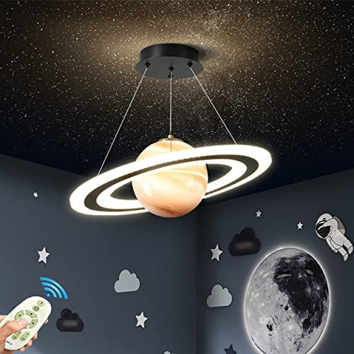Kinderzimmer Lampe LED Pendelleuchte Planet Kinderzimmerlampe Dimmbar mit Fernbedienung Hängelampe Modern Rund Design Hängeleuchte Mädchen Jungen Mädchen Baby Kinder Schlafzimmer Pendellampe (Orange)