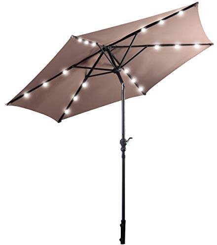 GOPLUS Sombrilla Terraza Exterior Ø 2,7/3m con LED Solar, Parasol Inclinable con Manivela y 6/8 Varillas, Protección Solar y Impermeable, Sombrilla para Jardín Patio Piscina Playa (300cm,Marrón)