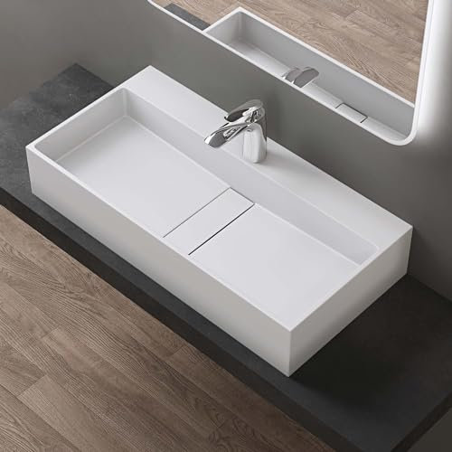 doporro Vasque à Poser Blanc Mat avec Bonde Lavabo de Salle de Bains Suspendu 80cm Lave Mains Rectangulaire avec Cache Bonde Colossum6028