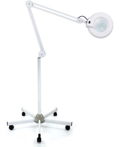 Lampe Loupe sur Pied Loupe sur Pied avec Eclairage Rotation à 180° avec roulettes Lampe Loupe Professionnelle Lampe Esthetique,5 Fois Le Taux D'agrandissement(Blanc)