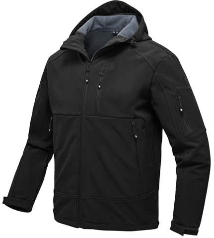 Rdruko Softshelljacke Herren Wasserdicht Gefütterte Winterjacke mit Kapuze Warm Frühling Wanderjacke Windbreaker Fleece Jacken Funktionsjacke (Schwarz, L)
