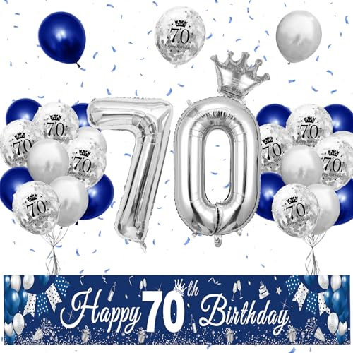 XIEXIESHER 70 Geburtstag Deko, Blau Silber Luftballons 70 Geburtstag Dekoration Set, Partydeko mit Kronenballon und Banner 70 geburtstag mann, für Männer Frauen Party Deko 70.Geburtstag