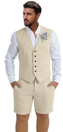 Dsteng Mens Linen Suit 2 Piece Short Suits for Men Casual Summer Beach Wedding Suit Linen Vest Shorts Set, Champagne, 4XL