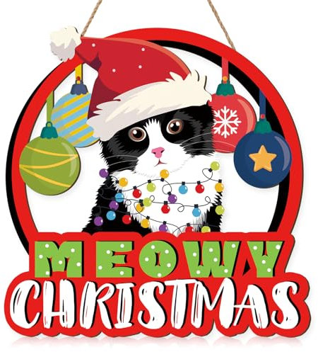 ANHUIB Weihnachten Türschild Hängedeko,Holzschild Frohe Weihnachten,Meowy Christmas Tür Schild,Weihnachtsschild Deko,Indoor Outdoor Holzschild Weihnachtsdeko,Tür Fenster oder Wand Christmas Sign Deko