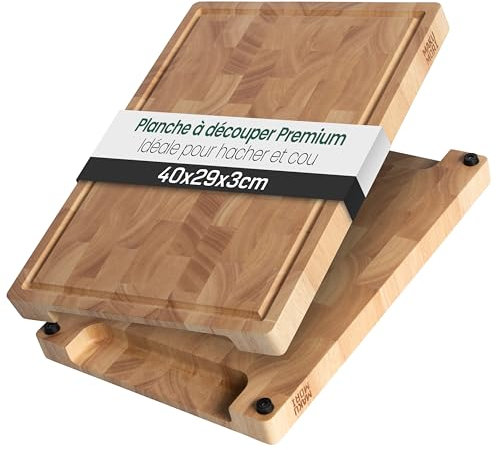 MAKUMORI Premium Schneidebrett aus Massivholz, Stirnholz, End Grain 40x29x3cm - Aus Heveaholz -FSC®-zertifiziert, Standfüße, Saftrinne und große Griffmulden