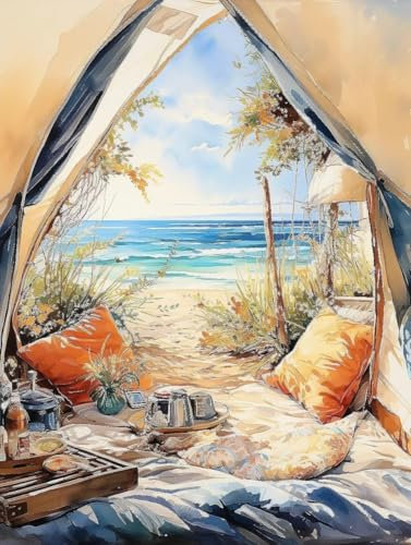 Peinture Numero Adulte Paysage Peinture Numéro Plage Peinture par Numero Débutants, DIY Peinture Acrylique Peintures et 3 Pinceaux, Tableau Decoration Murale, HD Toile 4cm 90x120cm(Sans Cadre)