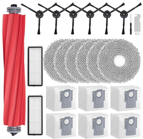 Rrochio Kit d'accessoires pour roborock Qrevo S, Ensembles de Rechange pour Robot Aspirateurs Qrevo MaxV Plus Pro Curv avec Brosse Principale etLatérales, 2 Filtres Hepa, 6 Chiffon, 6 Sacs (23 Pièces)