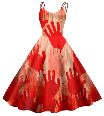 Halloween Adventskalender 2024, Halloween Kostüm Damen Gruselig Blutige Kostüm Zombie Braut Aufdruck Brautkleid Horror Ärmellos Elegant Halloween Kleid Fur Damen Faschingskostüme