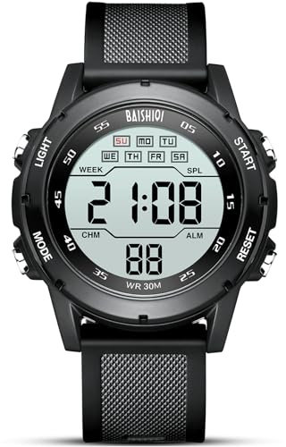 BAISHIOI Orologio Uomo Digitale al Quarzo Sportivo Militare Impermeabile con Retroilluminazione a LED/Cronometro/Sveglia e Timer (Black)
