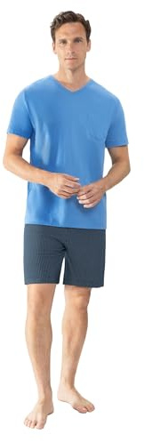 Mey Herren Schlafanzug kurz 2-teilig Serie Micro Blue | Kurzer Pyjama mit lockerem Schnitt, Shirt mit V-Ausschnitt und Brusttasche, Hose mit Aufdruck Gr. S-3XL