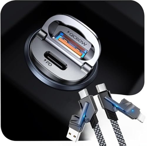 100W Max Fast iPhone mini Car Charger, Dual Port USB, USB C Car Charger with All in 1 Cable, PD 60W & QC40W, Flush Fit, Metal, Cigarette Lighter USB Adapter for iPhone 16 15 Samsung S25 Ultra Pixel 8