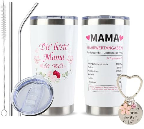 FYting Thermobecher Personalisiert,Thermobecher mit Gravur,Die Beste Mama Der Welt, mit Keychain Beste Mama Der Welt, mit Stroh und Deckel, Ein Geschenk für Mutter (Muttertag)