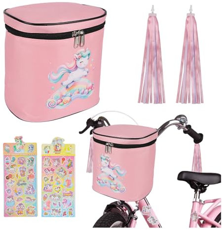 Fahrradkorb für Kinder – Lenkertasche Kinder, Vorderkorb für Kinderfahrrad, Fahhradtasche Kinder Lenker mit Bändern und Aufkleber, Ideal für Laufrad und Puppen Fahrradsitz (Einhorn)