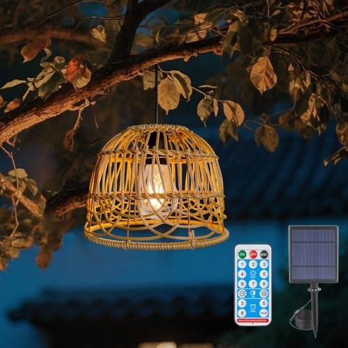 WRQIOO Solar Hängelampe Rattan, Boho Solarlampen Outdoor, IP65 Wasserdichte Rattan Hängeleuchte Außen mit Fernbedienung, Dimmbar Solar Hängeleuchte Boho, Ratt-an Lampenschirm Hängend für Garten
