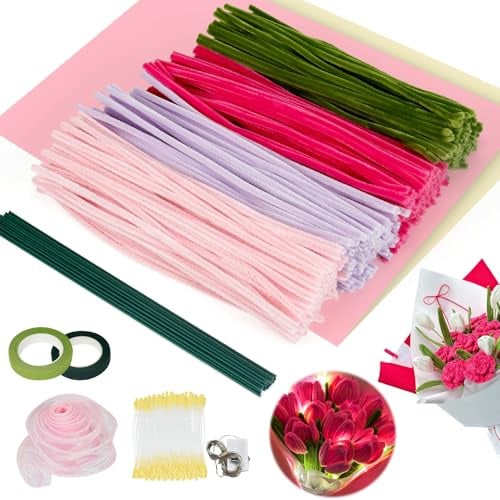 Rosa Tulpen Pfeifenreiniger Set, 400 Stück Pfeifenputzer zum Basteln, Pfeifenreiniger Blumen Set mit LED-Lichtleiste, Schleifenband, Blumen-Staubblatt, Blumenpapier für DIY Basteldeko (Rosenrot)