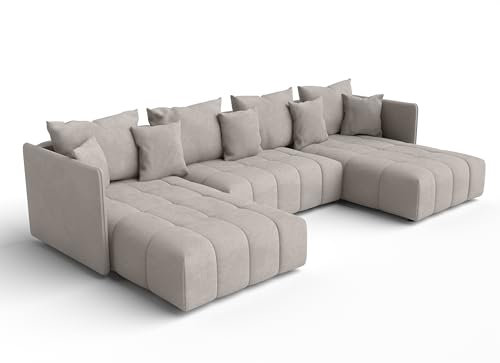 AXLIVING Beige Sofa U Form mit Schlaffunktion Veliro U, 353 cm breit