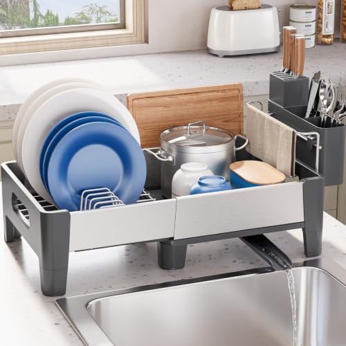 Urackify Escurridor de Platos, Gris | Extensible, Acero Inoxidable, Aluminio, Soporte Utensilios Extraíble, para Encimera