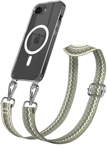EAZY CASE Handykette - Verstellbares Taschenband kompatibel mit iPhone 16e, Schulterriemen, Handykordel mit Silikon Hülle, Qi Charging kompatibel, Umhängetasche, Grün Beige Silber