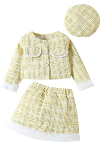 UUAISSO Ensemble vêtements D'automne pour Bébé Fille Haut à Carreaux en Tweed Jupe à Carreaux Béret Tenues Pour Bébé Jaune citron 3-4 ans