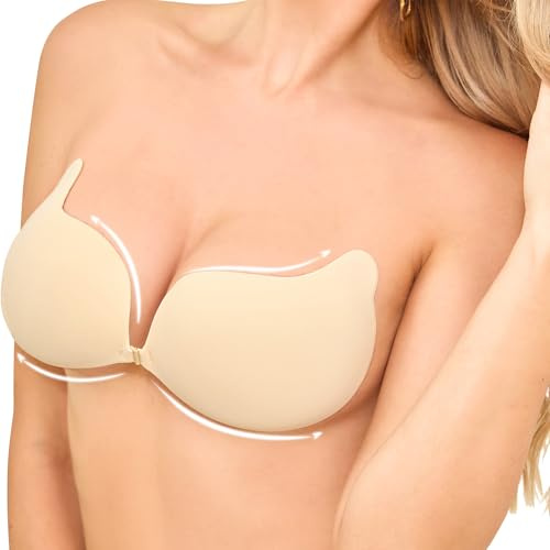 OMGREAT Stick on Bra - Invisible Adhesive Push Up Bra for Women, Backless Strapless Reusable Sticky Bra for Backless Dresses, Wedding, Party, Enhance Cleavage Lift Nude B