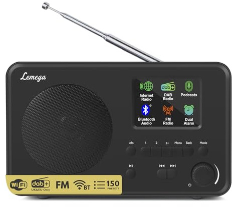 LeMega IR1S Internet Radio with Podcasts & Bluetooth –FM Radio, 150 Presets, Alarm Clock Radio, Compact Kitchen Radio with Full Colour Display, Mains or AA Battery Powered - Black