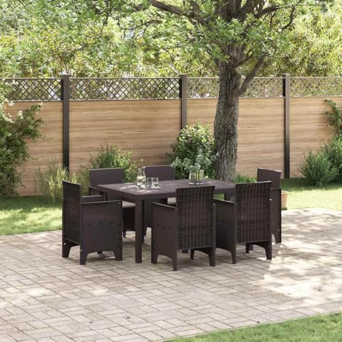 Teenpull Garten Essgruppe 7-teilig, Braun Polyrattan, UV-beständig, mit 6 Stühlen und Esstisch für Terrasse, Balkon, Außenbereich